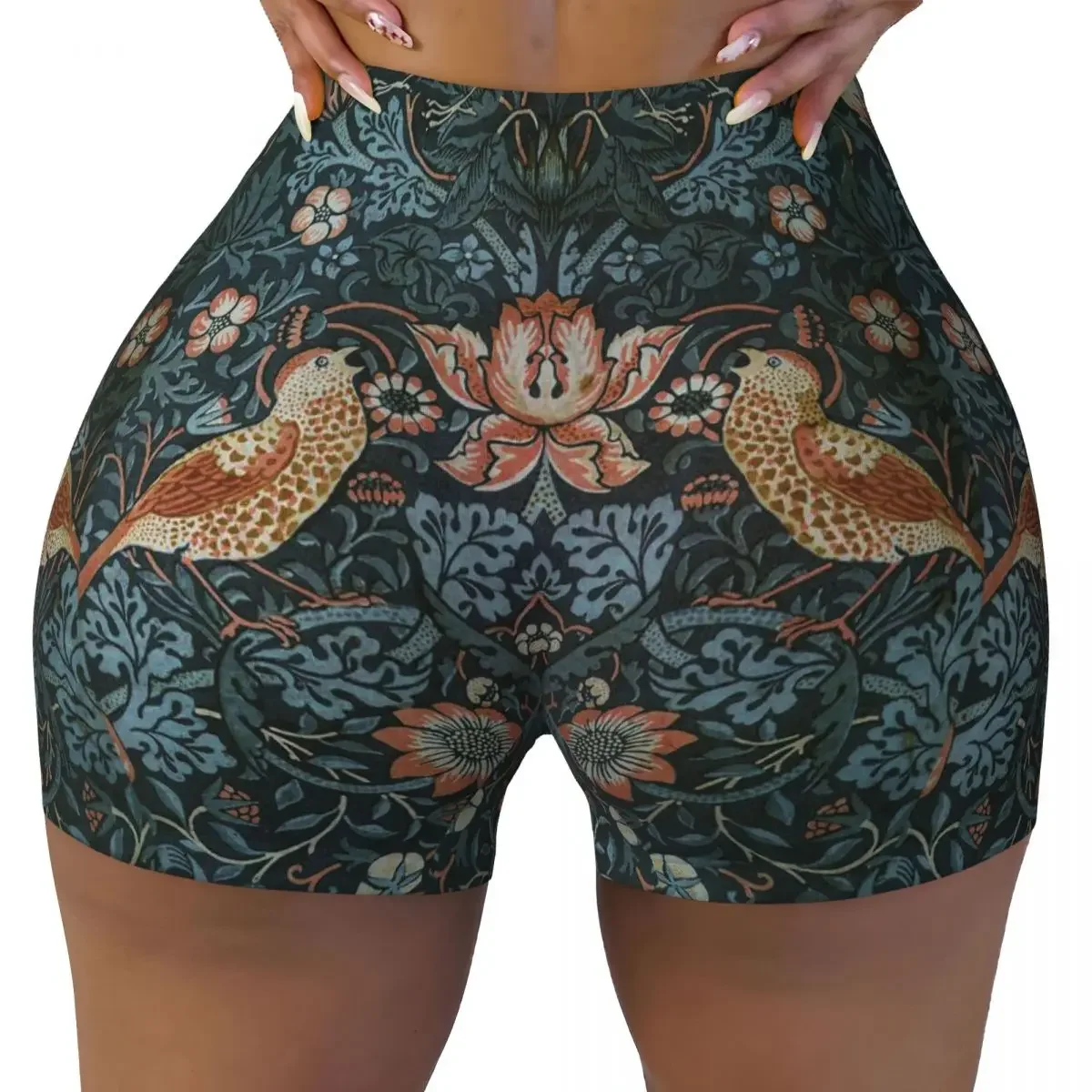 Custom William Morris Original Vintage Poster - Strawberry Thief 1883 Women Gym Workout Running Shorts Athletic Yoga Shorts