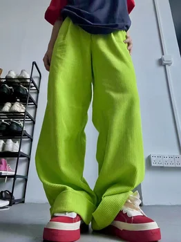 Deeptown-Streetwear Pantalon vert fluorescent, Hippie, pantalon en velours côtelé, surdimensionné, Hip Hop, vintage, pantalon de survêtement à jambes larges, Y2K