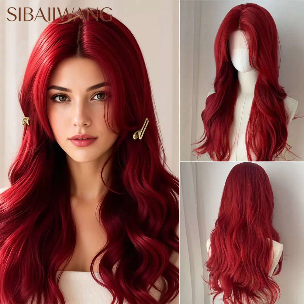 Deep Wine Red Long Synthetic Lacefront Wig with Bangs for Women Natural Looking Wavy Hair Heat Resistant Cosplay Wig
