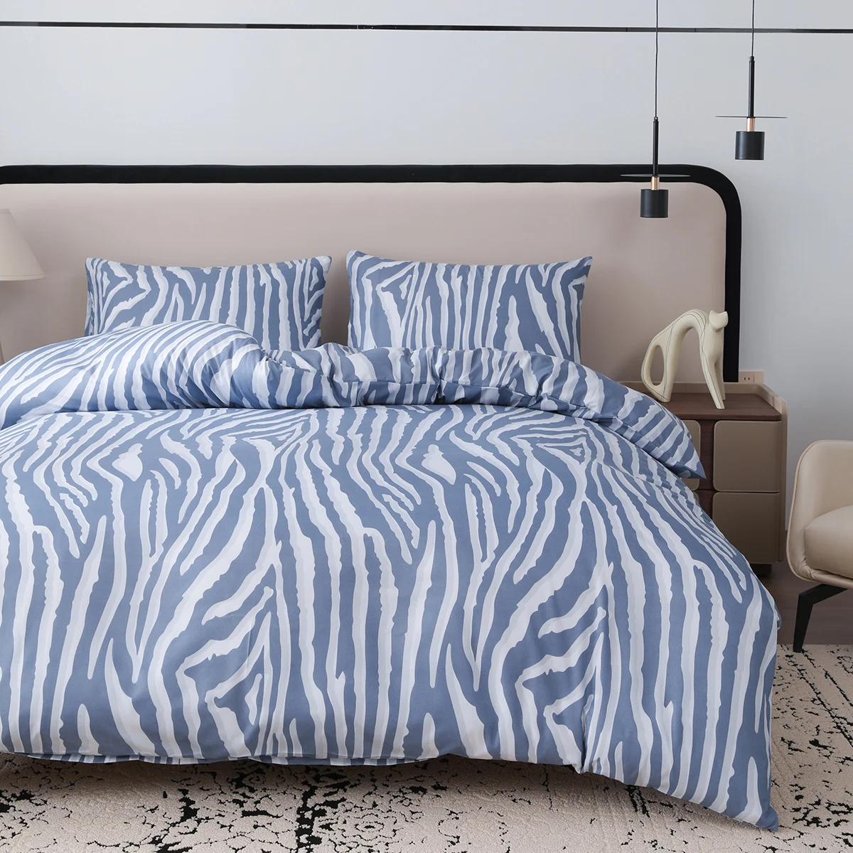 طقم مكون من 3 قطع، طقم غطاء لحاف بطباعة هندسية مخططة حمار وحشي (2 * كيس وسادة، 1 * غطاء لحاف، بدون قلب) فراش أبيض فاتح، ناعم، مريح