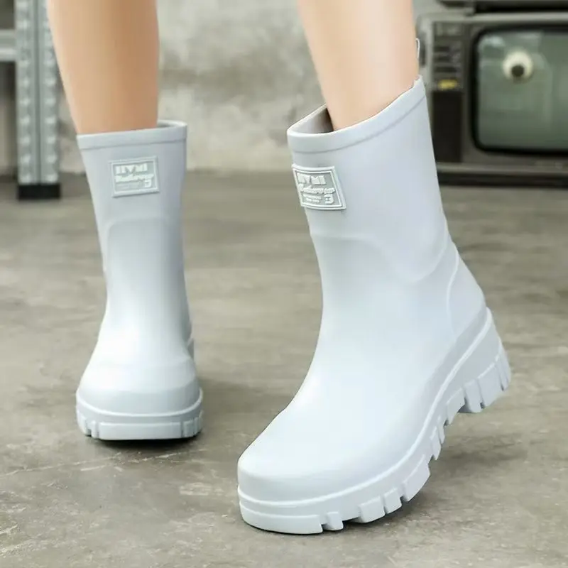 Women's Four Seasons New High Top Rain Shoe Thick Sole Non Slip Waterproof  Slip On Kitchen Work Shoes Block Heel Garden Shoes