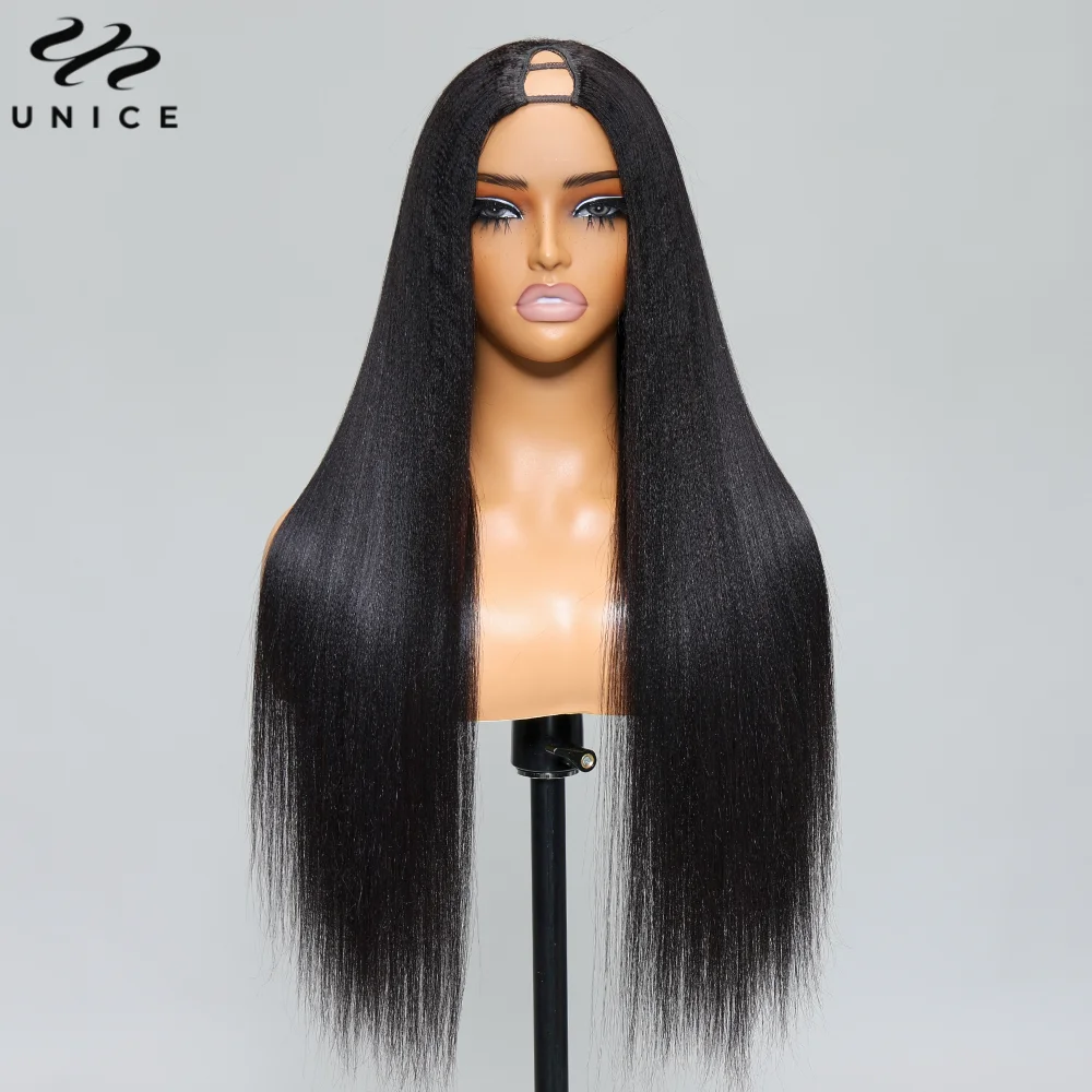 UNice Hair Yaki Straight V-Shaped Wig 100% Human Hair V Part Wig Upgrade U Part Wig No Sew In Clip In Half Wig Read To Wear Go