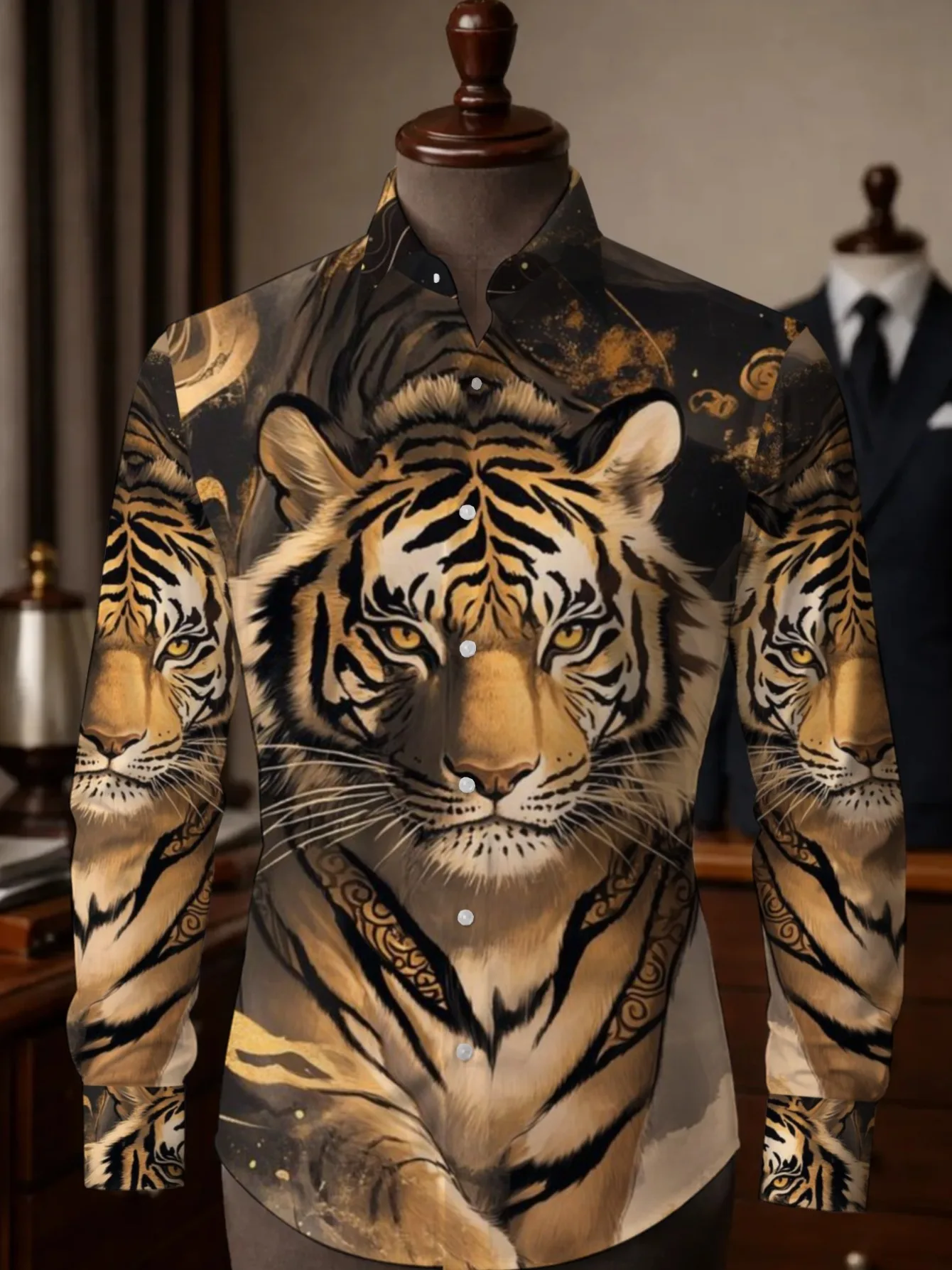 Men Long Sleeve Button Down Shirt Vintage Golden Tiger Ornate Swirl Print Polyester Lapel Collar Streetwear