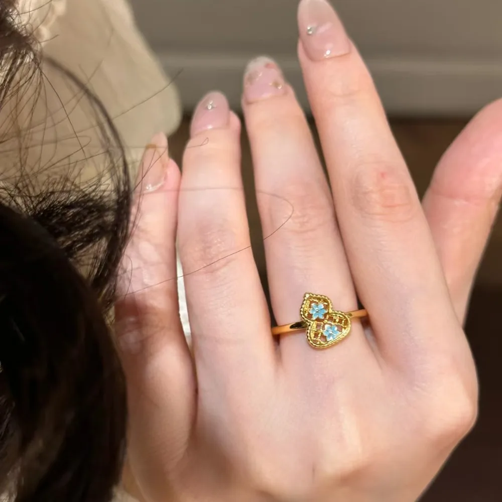 New Chinese style blue flower enamel calabash ring female senior sense small crowd 9999gold