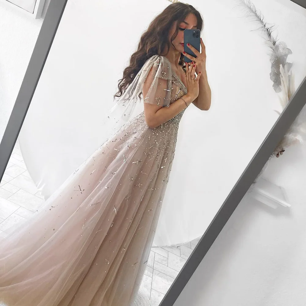 Elegant Pink V Neck Crystal Evening Dress for Women 2024 Beads Aline V Back Tulle Long Formal Prom Wedding Party Gown Customized