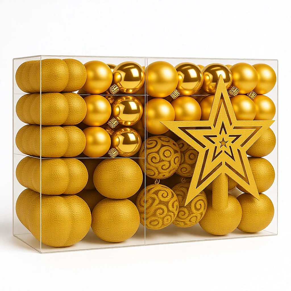 

Набор из 100 пластиковых елочных шаров красного и золотого цвета | Матовое, блестящее, глиттерное покрытие | Прозрачная пластиковая коробка для украшений и декораций для елки