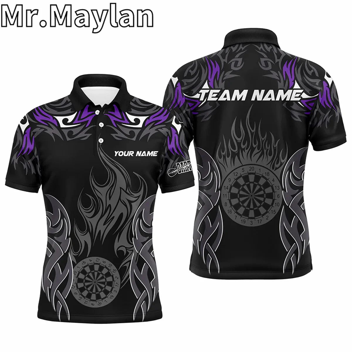 3D Personalized Darts Tournament Jerseys For Men Custom Dartboard Fire Flame Darts Team Purple Polo Shirt Gift For Darts Lovers