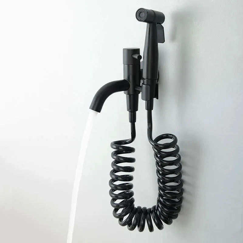 Black & Chrome Wall mounted toilet double function bidet faucet sprayer with single cold faucet set 2 Meters Shower Hose