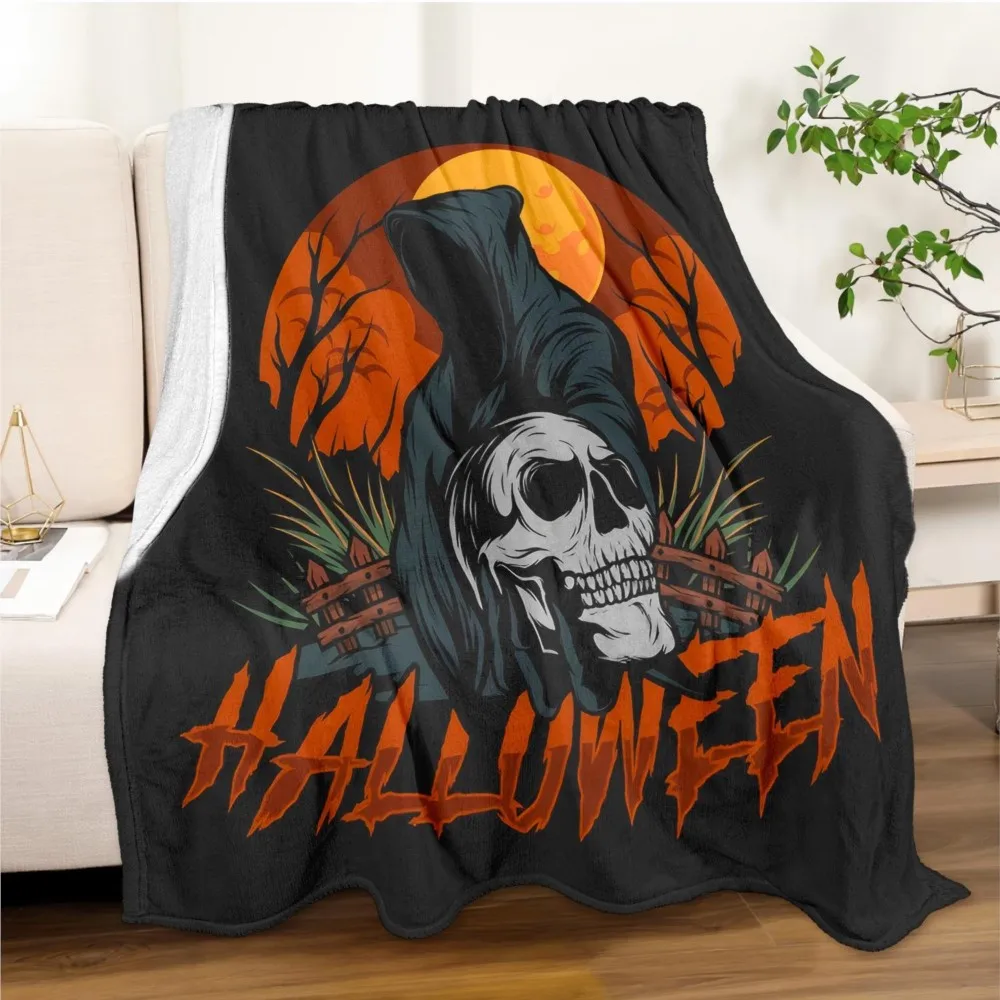 1PC Halloween Throw skull Skeleton Blood moon pattern festival Thin Blanket Gifts for Couch Bed Car Home Camping all season use