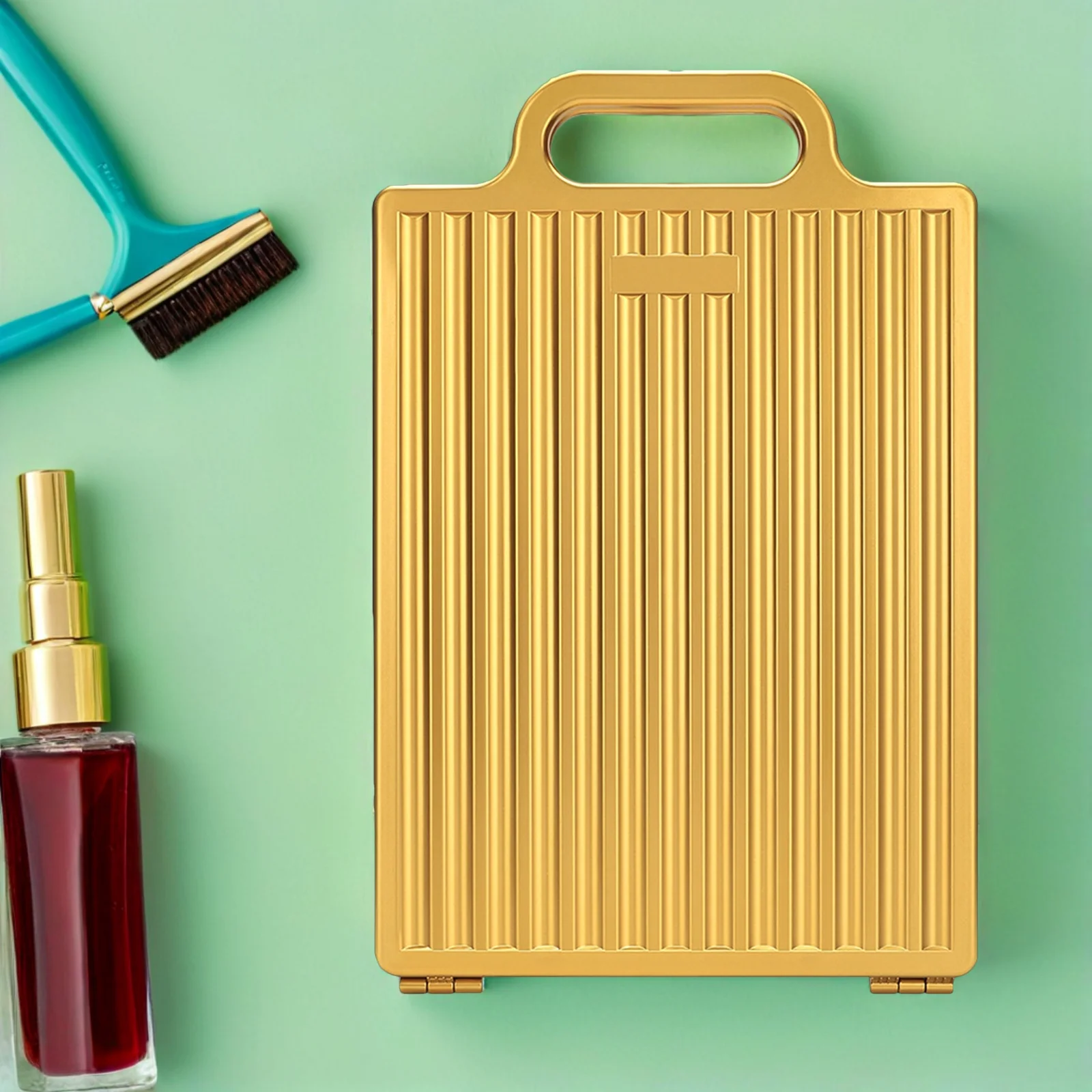 

Portable Folding Double-Sided Haircut Mirror Gold Finish Handsfree Stand Travel Styling Self Hairdressing Makeup Vanity Mirror