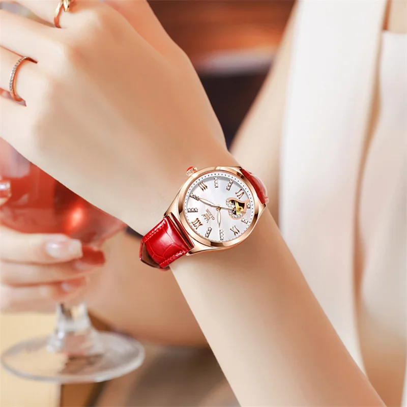 OLEVS-reloj mecánico automático para mujer, pulsera de cuero rojo con diamantes de imitación, marca de lujo, nuevo