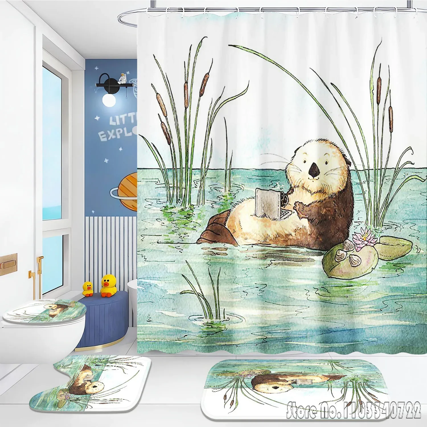 Otter Animal Anime Bath Shower Curtain Set 4pcs with Hooks Waterproof Bathroom Toilet Mat Lid Decor