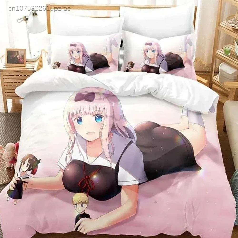 3D Print Anime Kawaii Girls Kaguya-sama Love Is War Bedding Set Printed Bed Set With Pillowcase Duvet Cover Soft Bedclothes Home