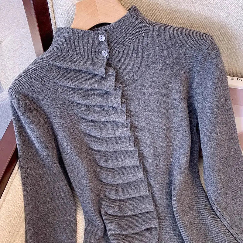 

Плиссированные модные однотонные тонкие пуловеры с длинными рукавами, осенне-зимняя женская одежда с разрезом по подолу, простые корейские свитера, элегантный тренд