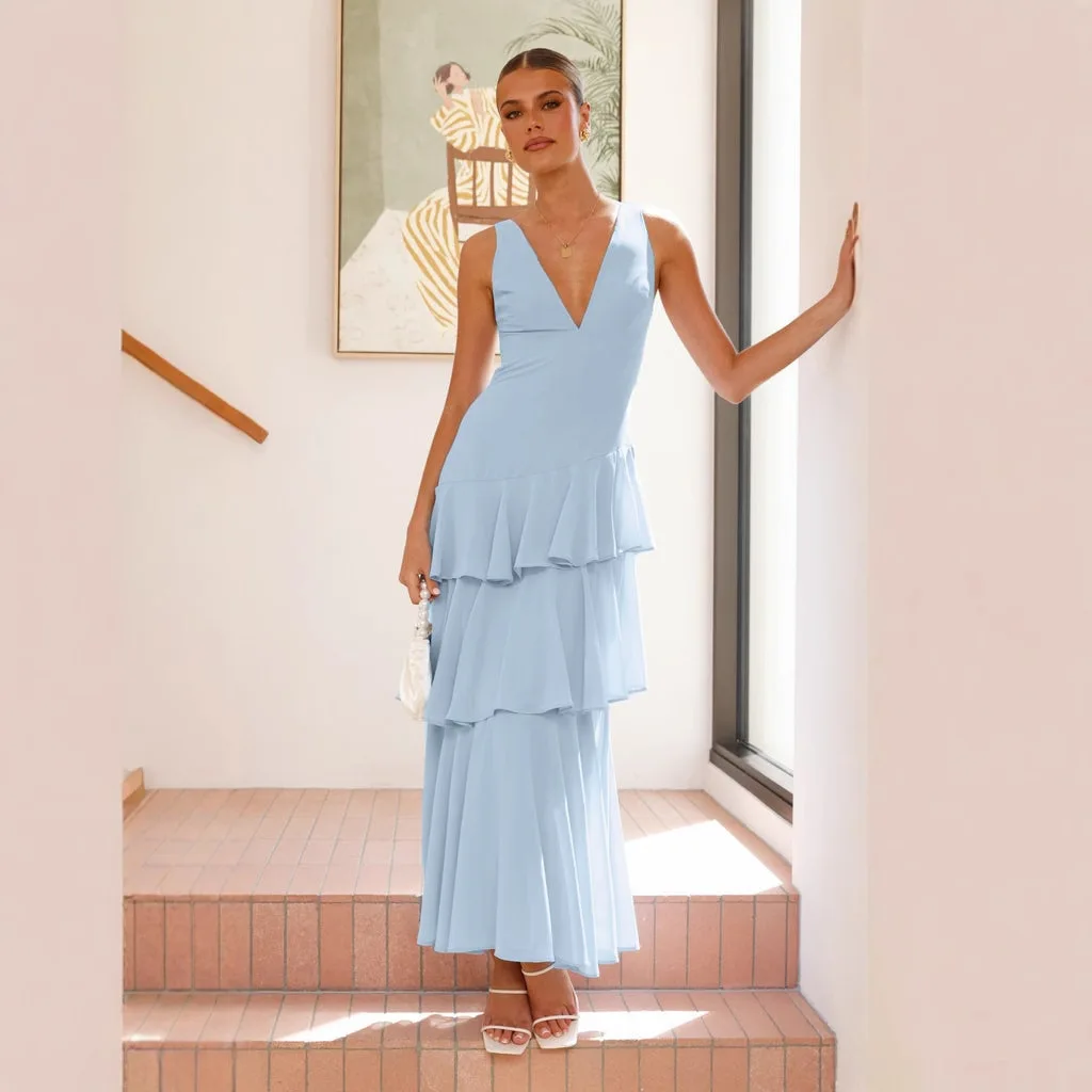 "Summer Fashion Women Sexy V-neck Knit Mid- Calf Dress Long Dresses Silm Fit Cake Shirt Coquette Casual Y2k Clothes"