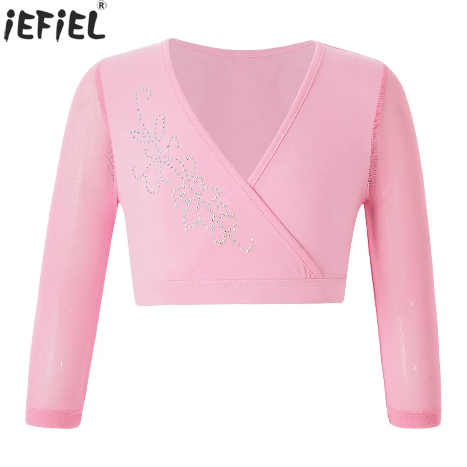 Kids Girls Dance Crop Top Ballet Gymnastics Dancewear Ballerina Workout Stage Performance Costumes Long Sleeve Rhinestone Tops