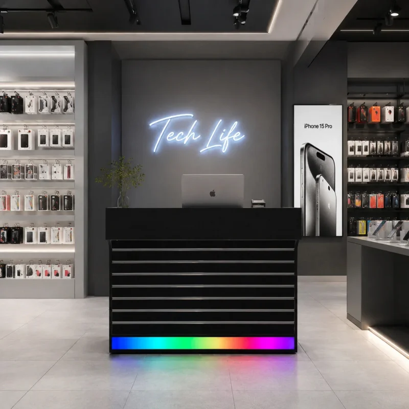 custom.Secure Lockable Checkout Desk with LED Illumination | Durable MDF Retail Counter Smoke Shop, Phone Accessories