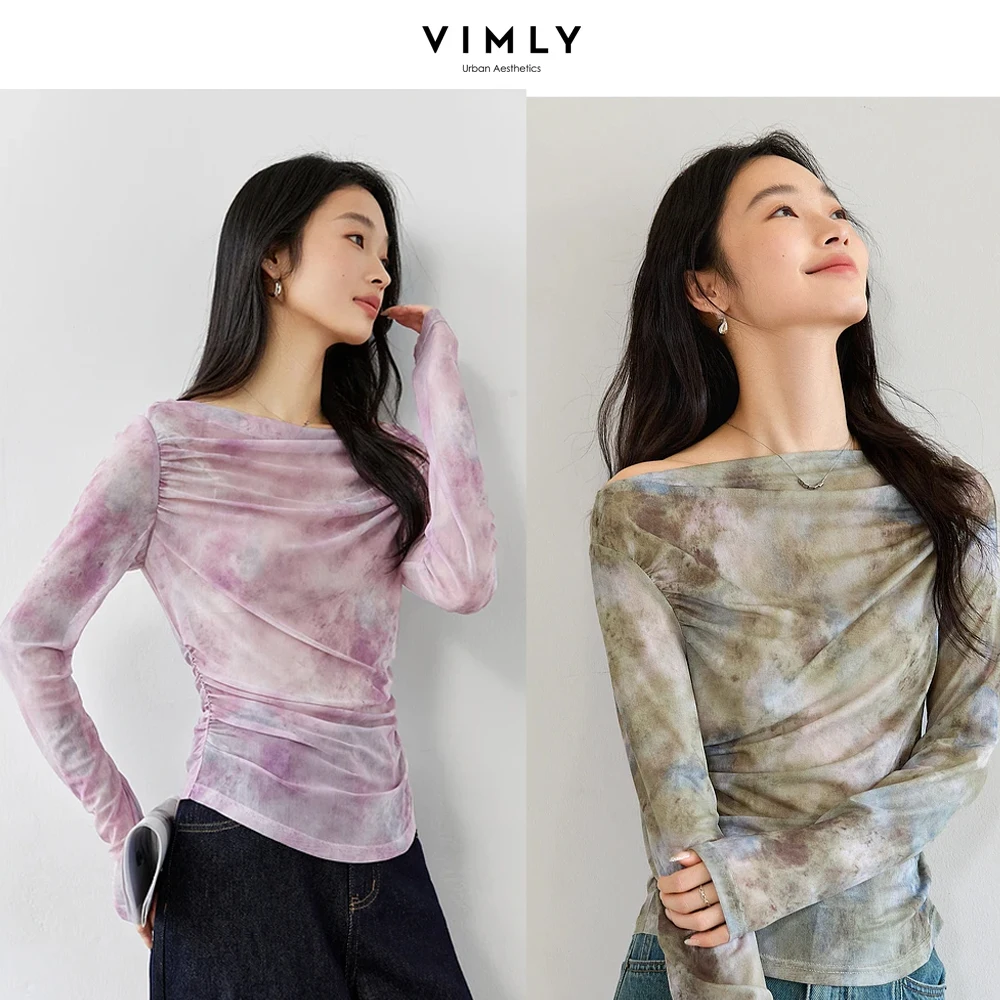 

VIMLY Women's Printed Mesh T-shirt Ladies Elegant Tops 2025 Fashion Slim-fit Long Sleeve Tee Shirt for Woman Clothing A0085