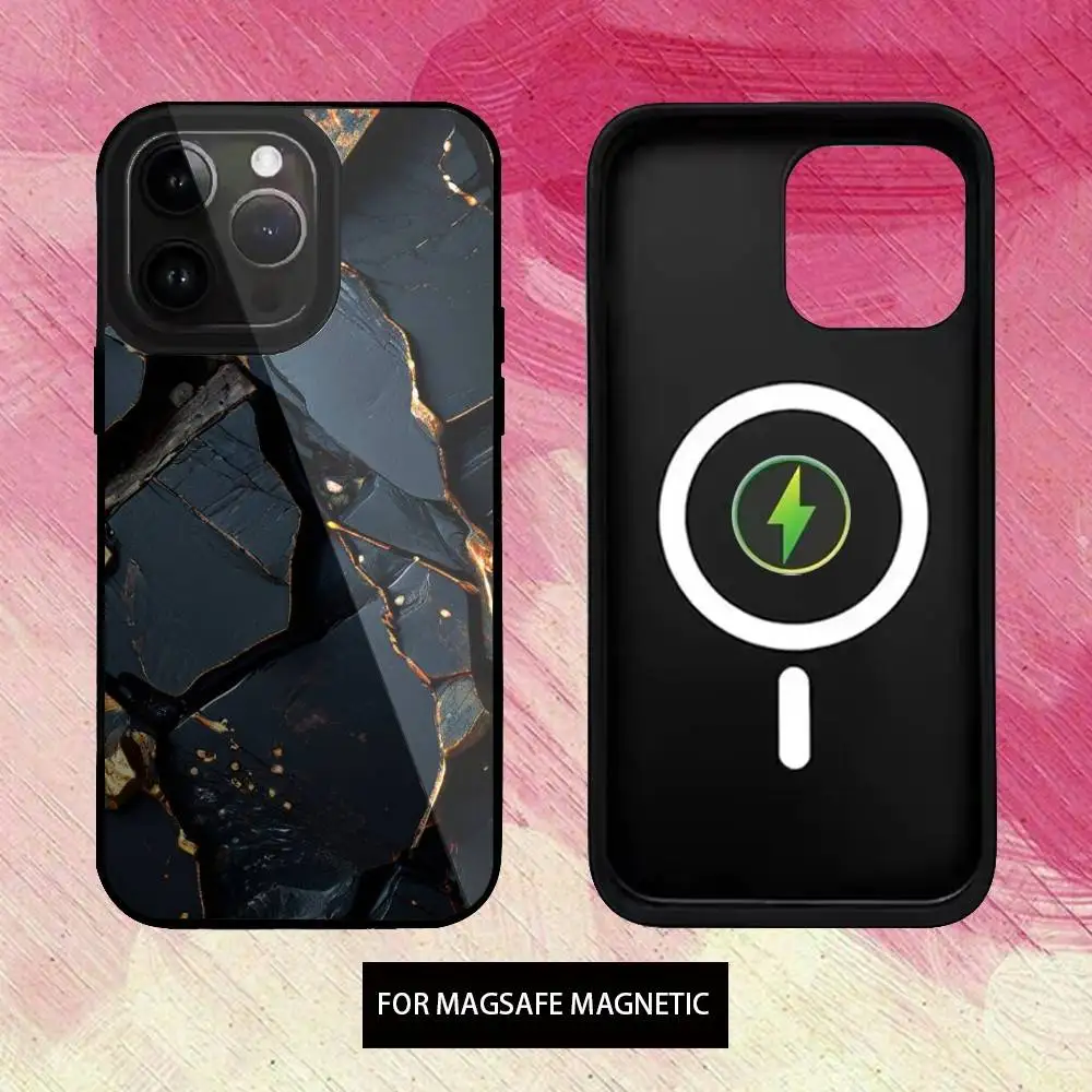 B-funda de teléfono de arte de mármol dorado negro para iPhone17,16,15,14,13,12,11 Plus, carga inalámbrica Magsafe magnética Pro Max