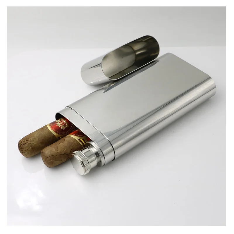 Stainless Steel Cigar Case with 2oz Hip Flask Mini Cigar Humidor Cigar Holder Pocket Cigar Box Portable Travel Cigar Accessories