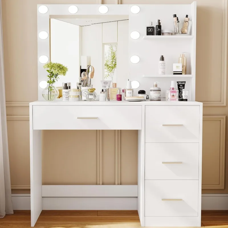 

Makeup Vanity Table with Lighted Mirror, Storage Shelf and 4 Drawers, Bedroom Dressing Table, 10 LED Lights, White