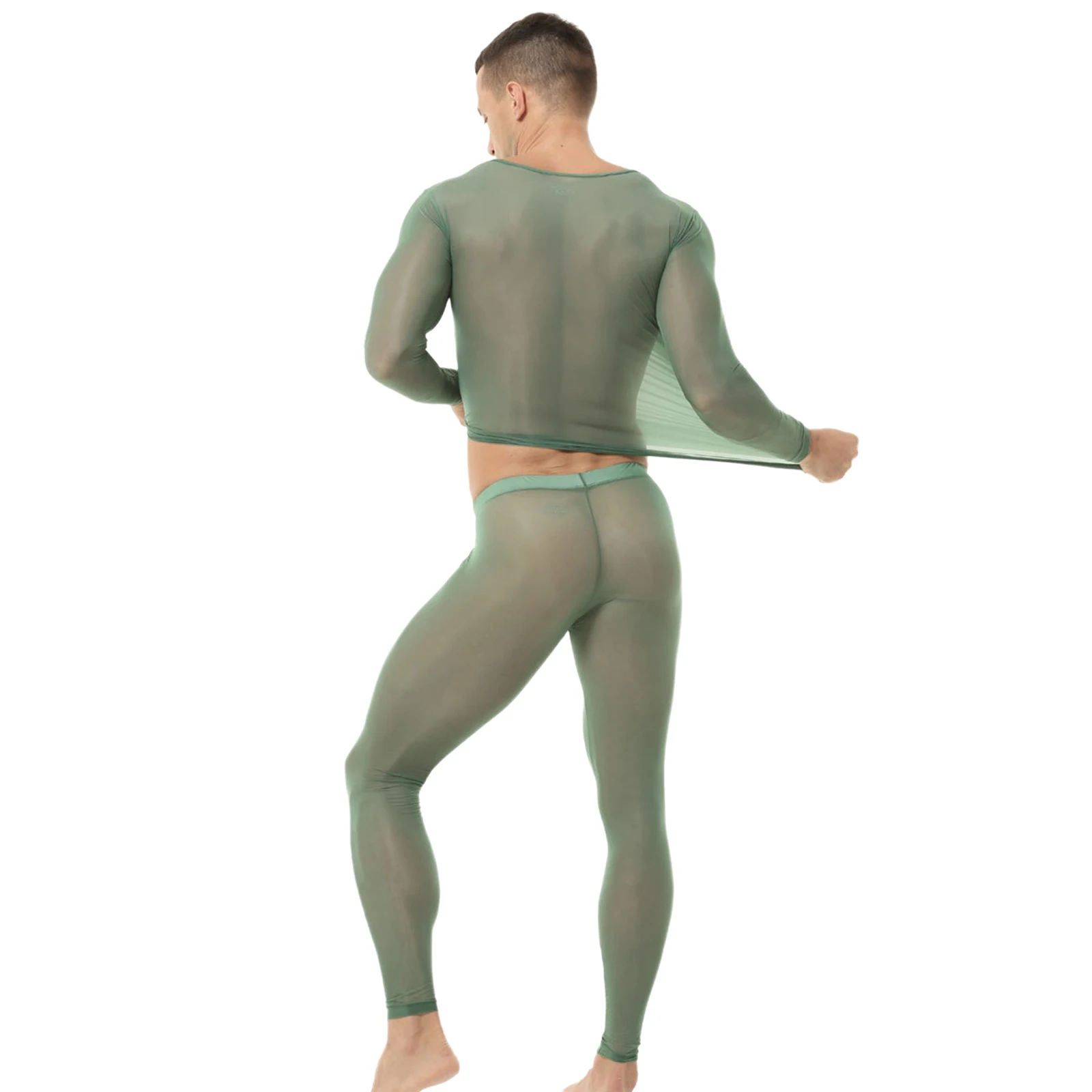 

Men See-Through Bodycon Lingerie Lightweight Quick-Drying Long Sleeves Undershirt with Leggings Workout Bodybuilding Underwear