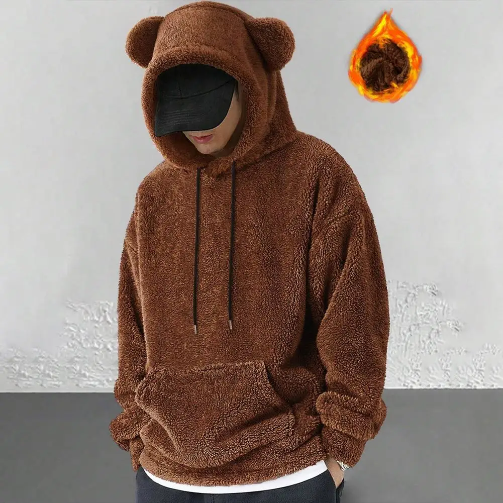 Solid Color Hoodie Cozy Cartoon Ear Decor Men's Winter Hoodie with Double-sided Velvet Front Pocket Elastic Cuffs Warm for Wear