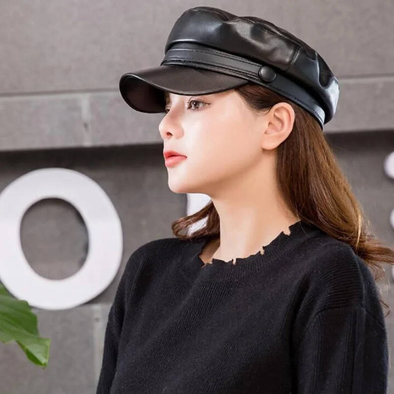Moda Unisex PU Leather Czapki wojskowe Wiosna Jesień Czapki marynarskie dla kobiet Mężczyźni Czarny Szary Płaski top Kapelusz kapitański Podróżny kapelusz kadeta
