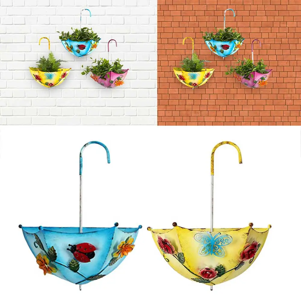 Backyard Wall Mounted Iron Art Hanging Flower Pot Patio Outdoor Garden Detachable Umbrella Plant Pot Vase Hanger Home Decoration