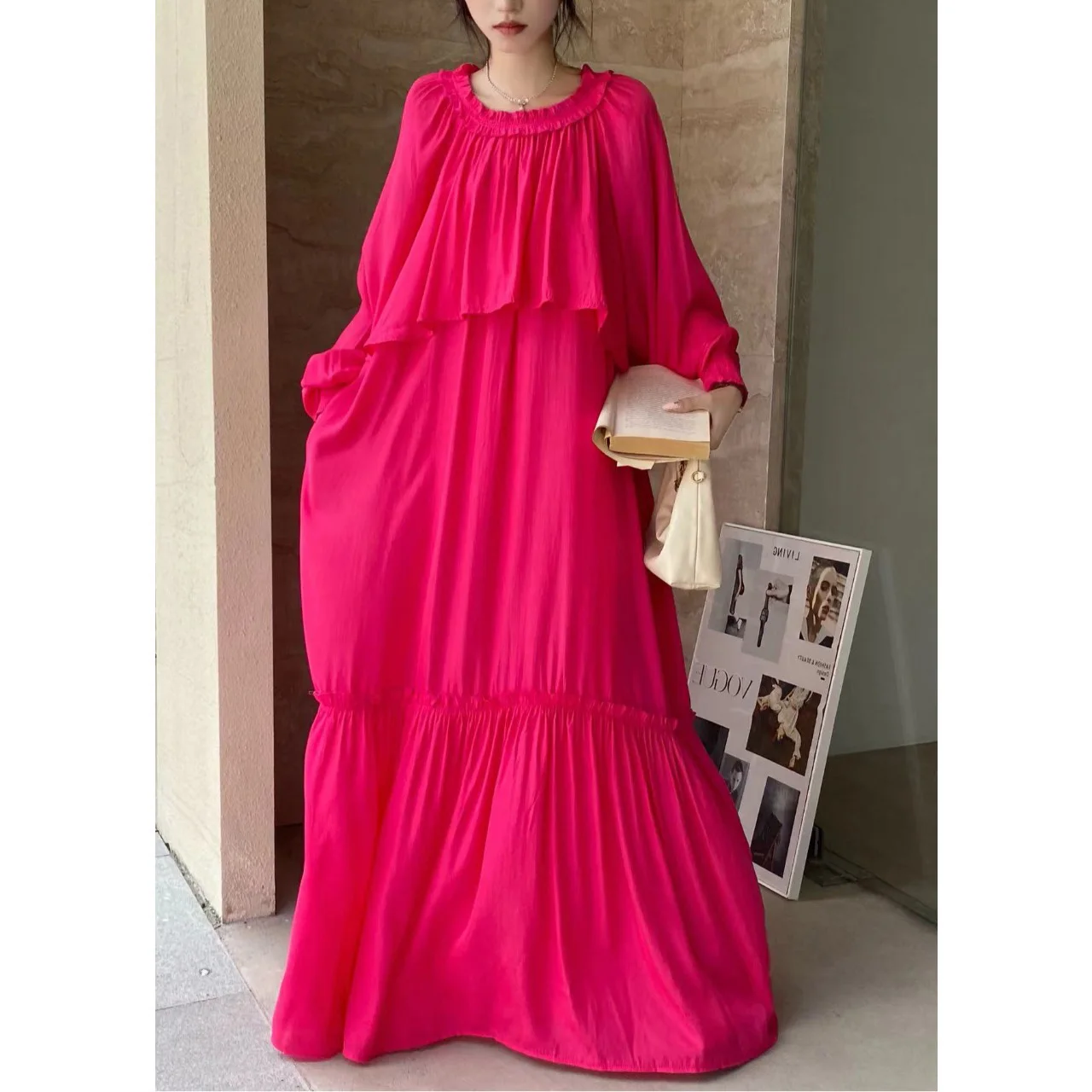 Anti-aging lange pure kleur Dr losse faionable houten kraag afslankende A-lijn jurk damesachtige Sle Lantern Sve