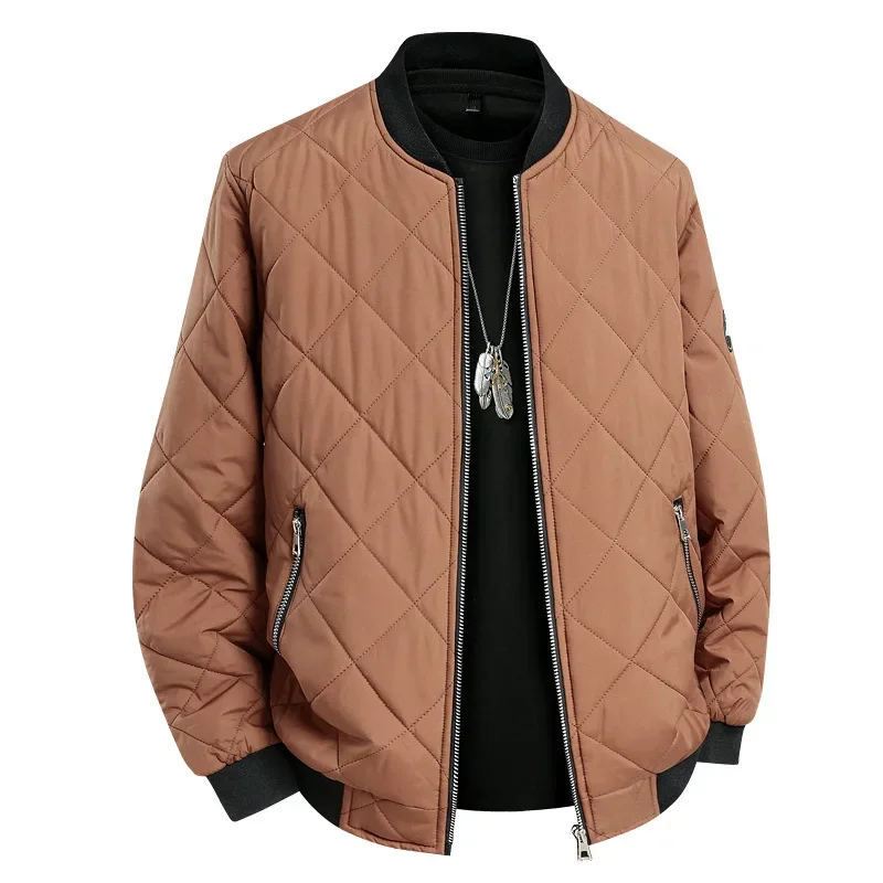 

Men Jacket Winter Thicken Fleece Solid Color Grid Male Baseball Uniform Stand Collar Long Sleeve Loose Daily Man Outerwear