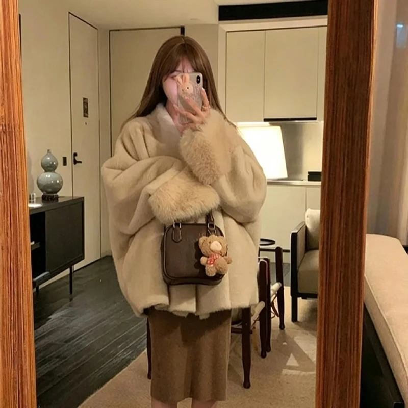 Elegant Women Open Front Faux Mink Fur Coat V‑neck Oversized Loose Fluffy Plush Jacket Wide Cuff Warm Casual Furry Outerwear - view 2
