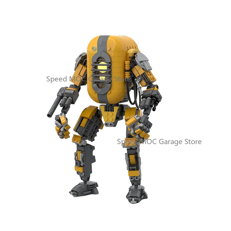 Articulated Yellow Industrial Mech Robot MOC Brick Set Light Up Chest Core Posable Limbs Mechanical Character Decor Ornament