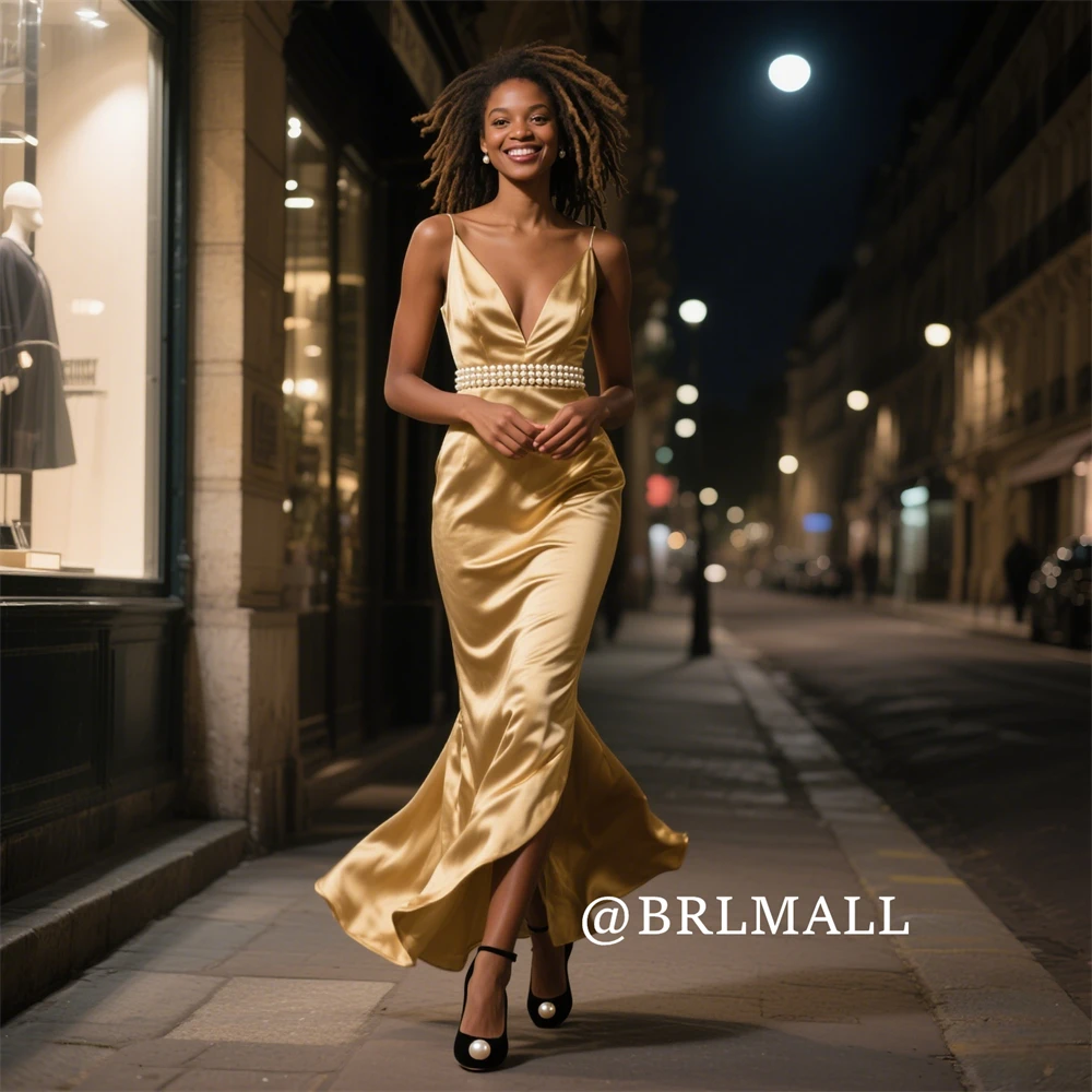 

BRLMALL Silky Satin Night Club Dresses for Women Spaghetti Straps with Pearls on Waist Deep Plunging Evening Prom Party Gown