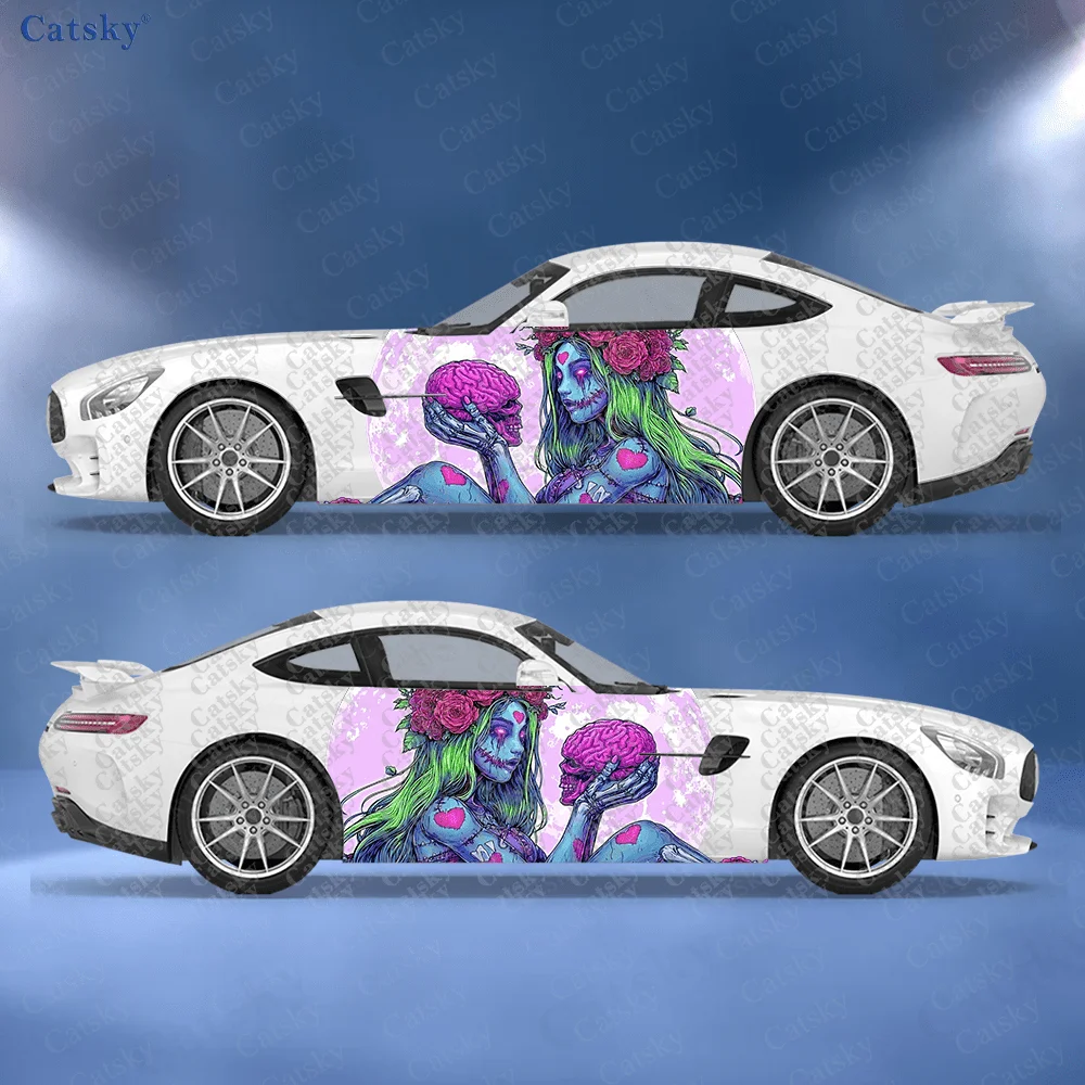 

2pcs Zombie Beauty Holding a Brain Car Side Wraps, Self-Adhesive PVC Waterproof & Scratch-Resistant Stickers, Car Accessory Gift