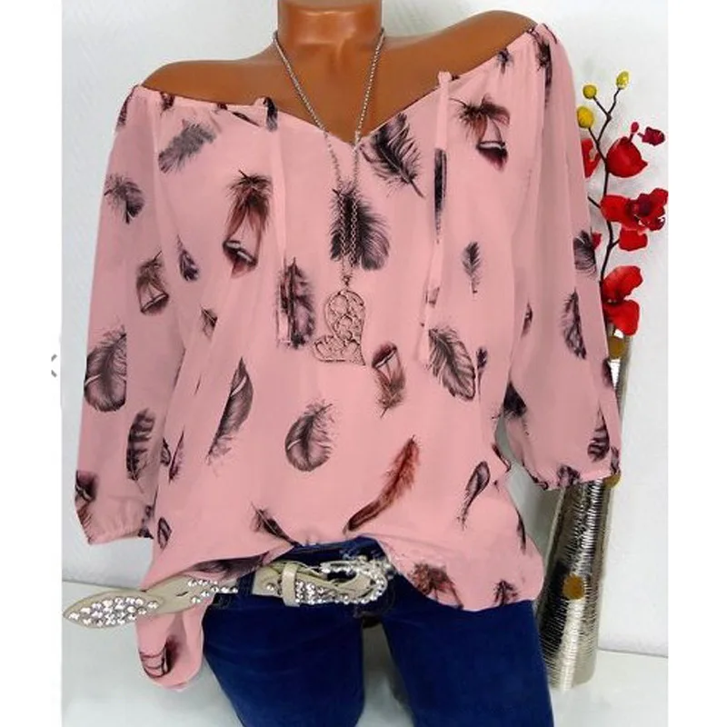 Blusa informal con estampado de plumas para verano, camisa Sexy de gasa con cuello en V para mujer, 2024