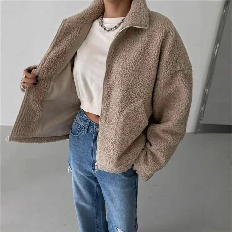 Women Oversized Sherpa Fleece Jacket Stand Collar Full Zip Long Sleeve Pocket Loose Warm Teddy Coat