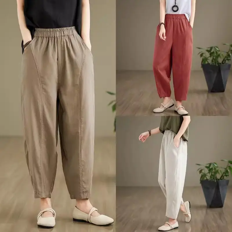 

2024 Early Autumn New Artistic Retro All Cotton Casual Pants For Women Versatile Solid Color Splicing Slim Harem Trousers K2160