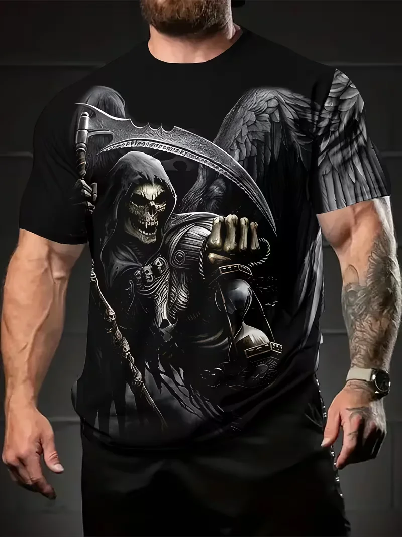 Men crew neck short sleeve t‑shirt, grim reaper skull spade card flame graphic print top, street tee for daily casual wearing