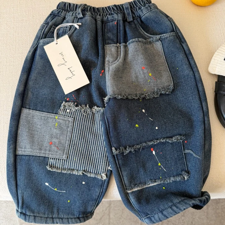 Boys Pants 2026 Autumn and Winter New Children's Wear Korean Style Boys and Girls To Add Personality Patch Splashing Ink Jeans
