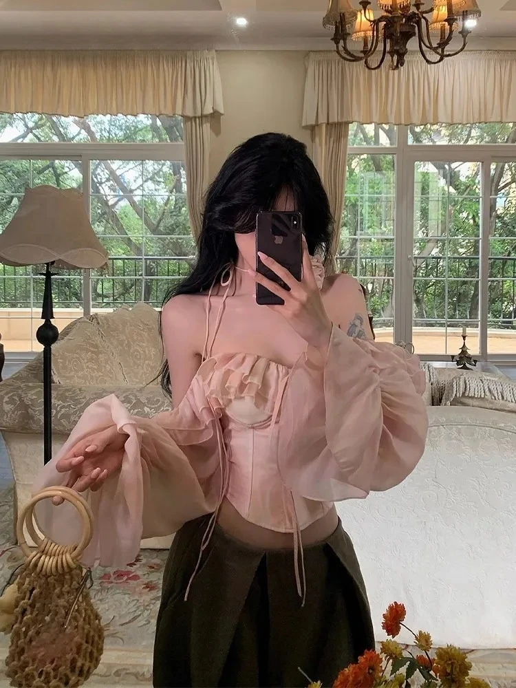

French Pure Desire Hottie Sexy Fishbone Off-the-shoulder Top Women's Ruffle Edge High Waist Blouse Chiffon Long-sleeved Shirt