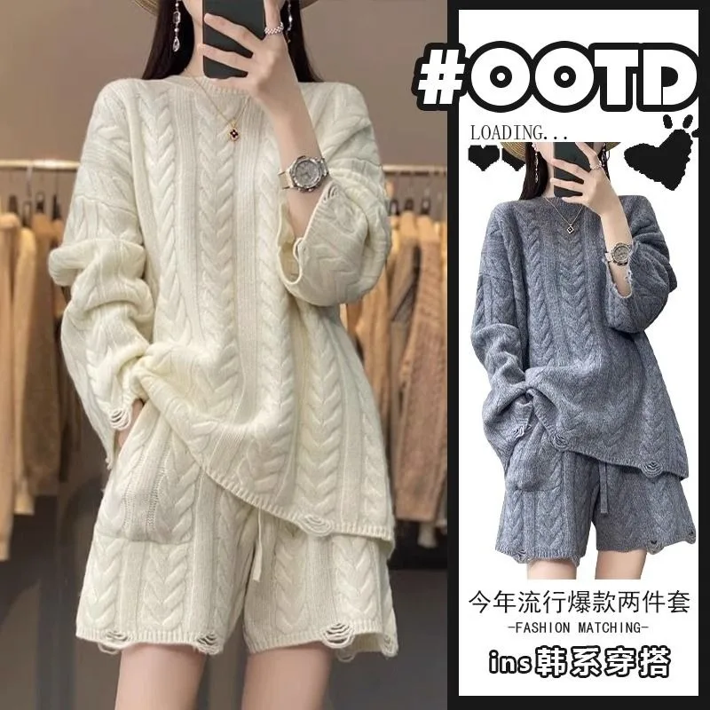 Extra Large Sweater Set Female Large Size Loose Knitwear Intensification External Penetration Long-sleeved Shorts Two-piece Lazy