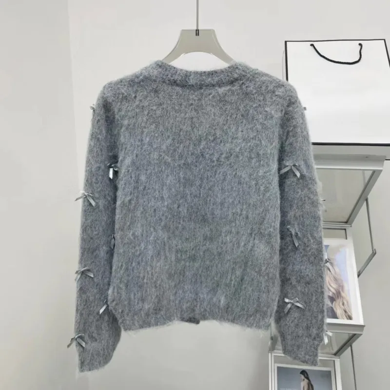Kawaii Bow Knitted Cardigan Women Long Sleeve Grey Sweater Korean Casual Cardigan For Women Harajuku Loose Coat 