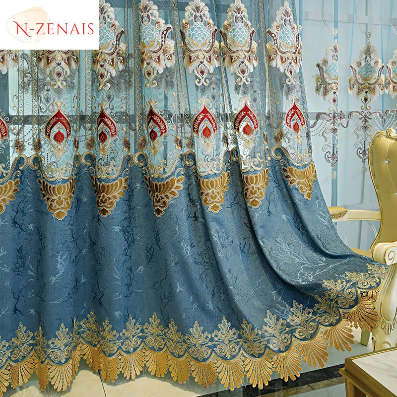 Custom  Size！！European Luxury Thickened Chenille Blackout Hollow Embroidered Elegant Curtains for Living Dining Room Bedroom