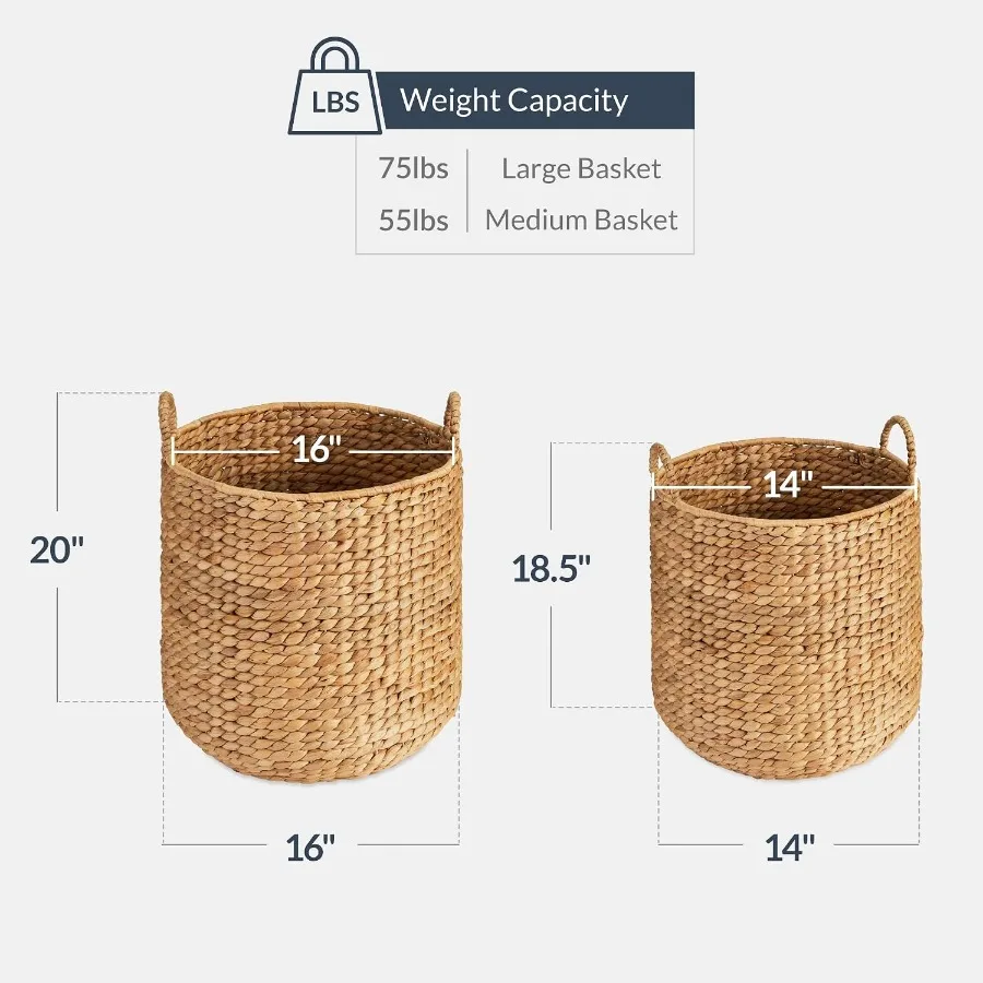 2-Piece Round Nesting Baskets W/Handles, Handwoven Water Hyacinth, Plant Holder, Laundry Basket, Storage Organizer, Tote Bins f