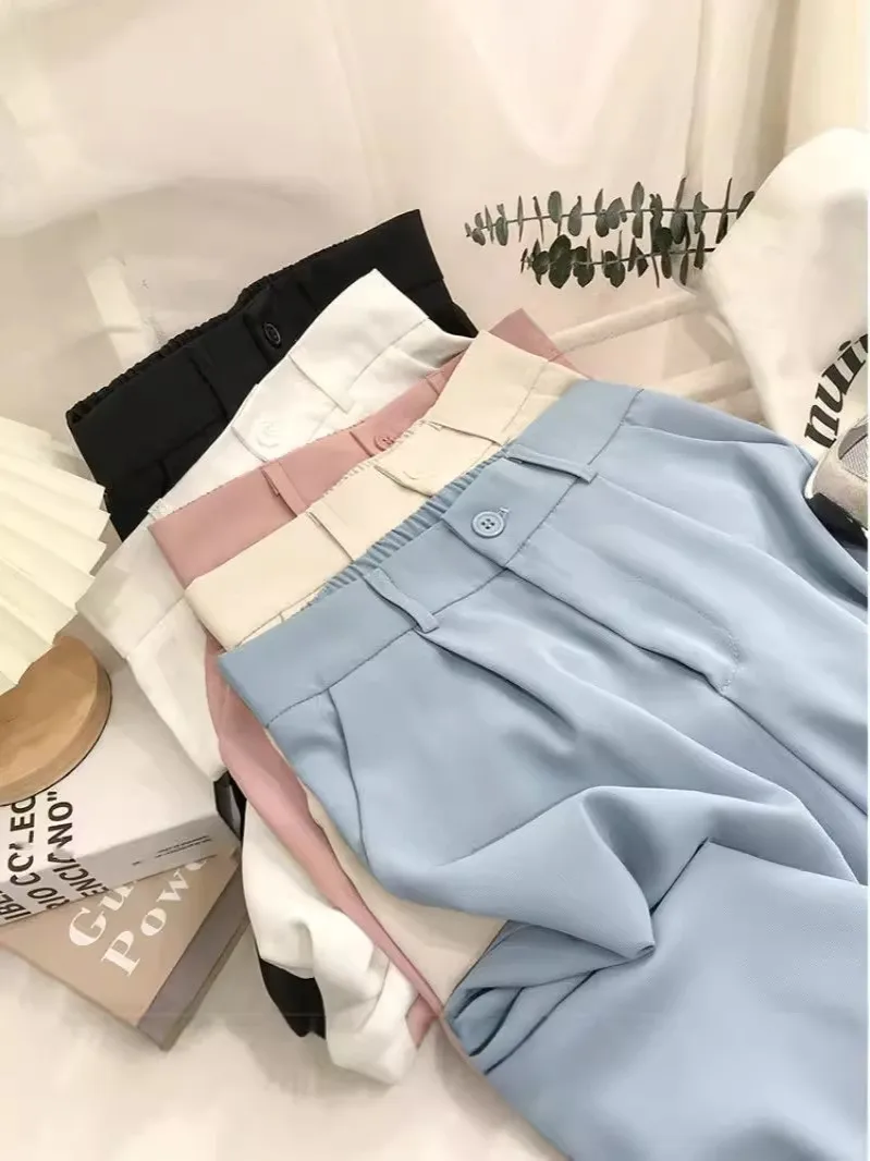 

Весенне-летние женские брюки с высокой талией, широкими штанинами, утягивающие, в корейском стиле, повседневные, из полиэстера, длинные