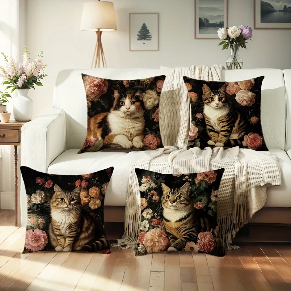 Elegant Cat - Floral Pillow CoversLiving room sofa cushion cover, soft and comfortable, bedroom room decoration