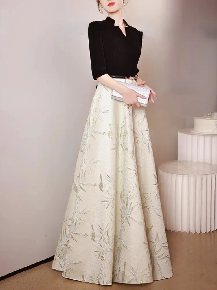 Customized Temperament Elegant Half Sleeve Wedding Party Dresses V-neck Patchwork Prom Vestidos Feminino Printed Evening Dress