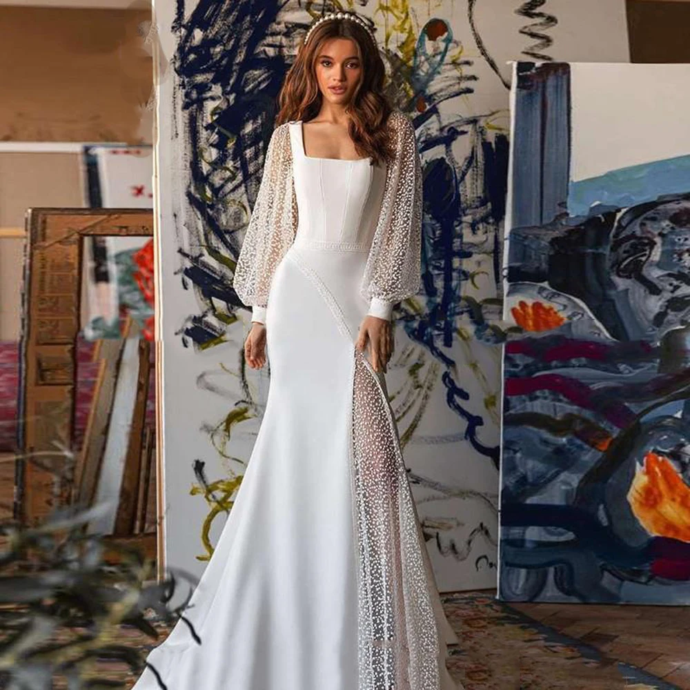 Generous Sexy Women Wedding Dresses For Engagement Long Puff Tulle Sleeves Mermaid Bridal Gowns Stain Custom Made Robe De Mariee