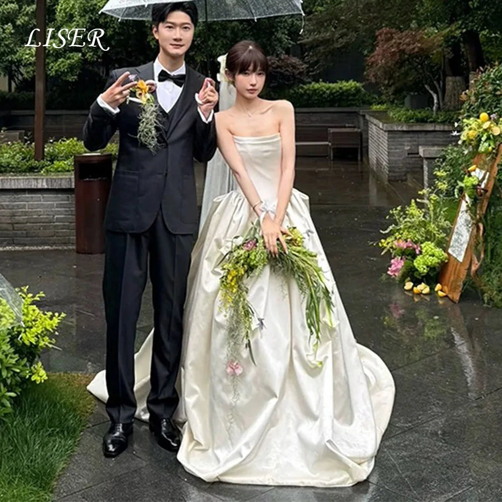 

Liser Strapless Simple A-Line Korea Wedding Dresses Silk Satin Long Elegant Bridal Gowns Photo Shoot 저녁 드레스 Customize Corsets